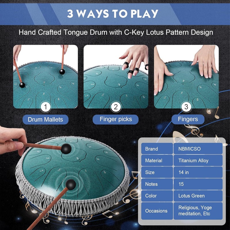 NBMICSO Steel Tongue Drum- 15 Note 14 Inches D-key Rain Drum Sound Healing Instruments - Handpan Drum for Meditation Entertainment Musical Education Concert Mind Healing Yoga (Malachite) - Image 4